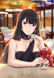 Rule 34 | 1girl, absurdres, alternate hairstyle, black hair, breasts, chair, cup, drinking glass, earrings, girls&#039; frontline, hair down, highres, jewelry, large breasts, long hair, official alternate costume, red eyes, restaurant, ring, solo, stigmamyu, table, wa2000 (ballroom interlude) (girls&#039; frontline), wa2000 (girls&#039; frontline), wedding band, wine glass