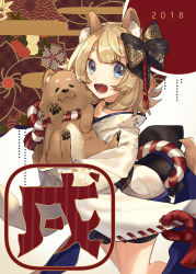 Rule 34 | 2018, absurdres, animal ears, bad id, bad pixiv id, blonde hair, blue eyes, chinese zodiac, dog, dog ears, dog girl, dog tail, fang, highres, hino hinako, japanese clothes, looking at viewer, new year, original, tail, year of the dog