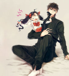 Rule 34 | 1boy, 1girl, aged down, between fingers, black hair, black thighhighs, bow, brown eyes, brown hair, child, fangs, fate/zero, fate (series), gem, holding, kicking, kotomine kirei, long hair, no shoes, syunga, thighhighs, tohsaka rin, twintails