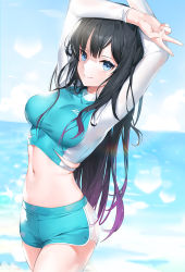 Rule 34 | 1girl, arms up, black hair, blue eyes, blue shorts, blue sky, blurry, breasts, closed mouth, cowboy shot, crop top, day, depth of field, emyo, from side, horizon, long hair, long sleeves, looking at viewer, medium breasts, midriff, navel, ocean, original, outdoors, short shorts, shorts, sky, smile, solo, standing, stomach, swimsuit, v, water