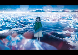 Rule 34 | 1girl, amemura (caramelo), coat, commentary request, earmuffs, frozen lake, fur collar, green coat, green eyes, hands in pockets, ice, letterboxed, looking at viewer, medium hair, mountainous horizon, original, scenery, snow, snowing, standing, wide shot