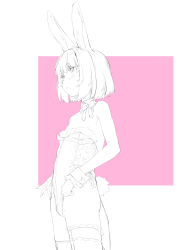 Rule 34 | 1girl, animal ears, bare shoulders, bow, bowtie, character request, copyright request, detached collar, flat chest, highleg, highleg leotard, highres, leotard, monochrome, oversized breast cup, oyadi, parted lips, playboy bunny, rabbit ears, rabbit tail, short hair, sketch, solo, strapless, strapless leotard, tail, thighhighs, two-tone background, wrist cuffs