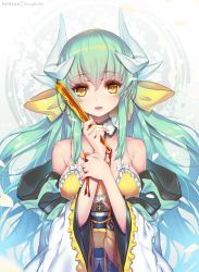 Rule 34 | 1girl, blunt bangs, fate/grand order, fate (series), folding fan, frills, green hair, hair ribbon, hand fan, hong (white spider), horns, kiyohime (fate), kiyohime (swimsuit lancer) (first ascension) (fate), long hair, looking at viewer, obi, off shoulder, petals, ribbon, sash, solo, white background, yellow eyes