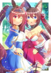 Rule 34 | 2girls, absurdres, animal ears, bad tag, blue dress, blue eyes, blue hair, blush, breasts, brown hair, butterfly hair ornament, caleen keemosn, choker, cleavage, commission, daiwa scarlet (umamusume), detached sleeves, dress, fang, fox ears, fox girl, fox tail, frilled sleeves, frills, garter belt, garter straps, gloves, hair ornament, hair ribbon, hands on own hips, highres, horse ears, horse girl, horse tail, koh hiyoyo, large breasts, long hair, looking at viewer, multicolored hair, multiple girls, multiple tails, one eye closed, open mouth, outdoors, purple dress, red eyes, ribbon, runes, smile, sparkle, star ocean, star ocean anamnesis, tail, thighhighs, tiara, twintails, two-tone hair, uniform, very long hair, wink