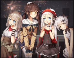 Rule 34 | 4girls, absurdres, ahoge, bare shoulders, bkyuuc, black bow, black dress, blue eyes, blush, bow, breasts, collarbone, commentary request, dress, fireworks, five-seven (girls&#039; frontline), fnc (girls&#039; frontline), girls&#039; frontline, grey hair, hair ornament, hat, highres, long hair, long sleeves, looking at viewer, m14 (girls&#039; frontline), medium breasts, mp5 (girls&#039; frontline), multiple girls, red headwear, small breasts, smile, snow, teeth, twintails, upper teeth only, white dress, white hair, yellow eyes