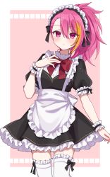 Rule 34 | 1girl, alternate costume, asymmetrical bangs, blonde hair, blush, bow, bowtie, cowboy shot, dress, enmaided, expressionless, frilled dress, frilled thighhighs, frills, highres, idolmaster, idolmaster million live!, looking at viewer, maid, maid headdress, maihama ayumu, multicolored hair, pink eyes, pink hair, ponytail, puffy short sleeves, puffy sleeves, short sleeves, simple background, solo, streaked hair, taeko (unmorika), thighhighs, two-tone background, two-tone dress, white thighhighs, zettai ryouiki