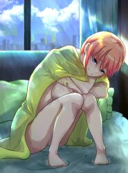 Rule 34 | 1girl, bed sheet, blue eyes, bouya, breasts, cityscape, closed mouth, commentary request, completely nude, crossed arms, go-toubun no hanayome, hair between eyes, highres, indoors, knees up, large breasts, looking at viewer, nakano ichika, naked sheet, nude, on bed, pink hair, short hair, sitting, smile, solo, window