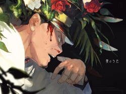 Rule 34 | 1boy, black hair, black hat, bleeding, blood, blood on face, blurry, blurry foreground, buzz cut, facial hair, flower, from side, furrowed brow, golden kamuy, green eyes, hat, imperial japanese army, injury, kepi, male focus, military hat, nosebleed, oku (2964 okn), red flower, short hair, solo, tsukishima hajime, very short hair, white flower, yellow hat
