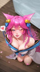 Rule 34 | 1girl, ;q, ahri (league of legends), animal ears, bare shoulders, breasts, cleavage, collarbone, ear bell, facial mark, heart, highres, japanese clothes, kimono, large breasts, league of legends, long hair, looking at viewer, lu ka, one eye closed, pink hair, seiza, sitting, smile, spirit blossom ahri, spoken heart, tongue, tongue out, whisker markings, wooden floor