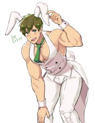 Rule 34 | 1boy, absurdres, animal ears, blush, bow, brown hair, coattails, detached collar, free!, green eyes, green necktie, highres, kemonomimi mode, looking at viewer, male focus, male playboy bunny, milki, muscular, necktie, open mouth, pectoral cleavage, pectorals, simple background, sleeveless, solo, tachibana makoto, waistcoat, white background, white wrist cuffs, wrist cuffs