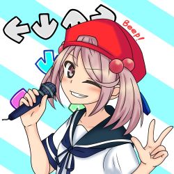 Rule 34 | 1girl, arrow (symbol), backwards hat, badge, baseball cap, blue ribbon, blue sailor collar, commentary request, grin, hair bobbles, hair ornament, hat, kantai collection, looking at viewer, microphone, neck ribbon, nemuou, one eye closed, pink eyes, pink hair, red hat, ribbon, sailor collar, sazanami (kancolle), school uniform, serafuku, short hair, smile, solo, striped, striped background, twintails, upper body