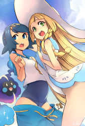 Rule 34 | 2girls, bare arms, bare legs, blonde hair, blue eyes, braid, clothes lift, convenient censoring, cosmog, creatures (company), day, dress, dress lift, female focus, from below, game freak, gen 7 pokemon, gradient background, green eyes, hat, hidori (hibi toridori), lana (pokemon), legendary pokemon, lillie (pokemon), long hair, multiple girls, nintendo, one-piece swimsuit, open mouth, outdoors, pokemon, pokemon (creature), pokemon sm, school swimsuit, shirt, short hair, sky, sun hat, sundress, surprised, swimsuit, undressing