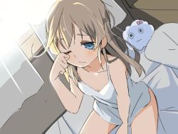 Rule 34 | 10s, 1girl, abukuma (kancolle), bed, blonde hair, blue eyes, breasts, curtains, flat chest, from above, kantai collection, long hair, nightgown, on bed, one eye closed, pillow, rubbing eyes, sleepy, small breasts, solo, waking up, wara (warapro), window