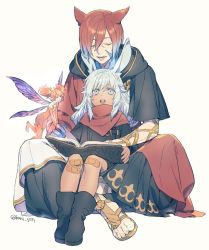 Rule 34 | 1boy, 1girl, 1other, :o, aged down, androgynous, animal ears, bandaid, bandaid on leg, bare shoulders, black footwear, black jacket, black robe, blue eyes, blue hair, bodysuit, book, book on lap, boots, cat ears, child, closed eyes, commentary, crystal, crystal exarch, crystallization, detached sleeves, facial mark, fairy, fairy wings, feo ul, final fantasy, final fantasy xiv, full body, g&#039;raha tia, g'raha tia, gradient hair, hair between eyes, holding, holding book, hood, hood down, hooded robe, indian style, jacket, kanikousen, knees up, looking at another, looking up, lyna (ff14), material growth, medium hair, miqo&#039;te, multicolored hair, on lap, open book, open mouth, orange bodysuit, orange hair, pointy ears, purple eyes, rabbit ears, red hair, red scarf, robe, sandals, scarf, short hair, short twintails, signature, simple background, sitting, smile, twintails, twitter username, two-tone hair, viera, white background, white hair, wide sleeves, wings