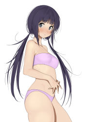 Rule 34 | 1girl, bare arms, bare shoulders, bikini, black eyes, black hair, blunt bangs, blush, closed mouth, cowboy shot, furuyama itaru, hands on own stomach, long hair, looking at viewer, low twintails, original, own hands together, photoshop (medium), purple bikini, simple background, solo, strapless, strapless bikini, swimsuit, twintails, white background