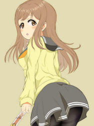 Rule 34 | 1girl, :o, artist name, artist request, blush, bow, bowtie, bread, breasts, brown background, brown eyes, brown hair, buttons, cardigan, collarbone, curly hair, eyebrows, female focus, food, from behind, grey sailor collar, grey skirt, hair between eyes, highres, holding, holding food, kunikida hanamaru, layered skirt, light brown hair, long hair, long sleeves, looking at viewer, looking back, love live!, love live! sunshine!!, medium breasts, miniskirt, orange bow, parted lips, plaid, plaid skirt, pleated, pleated skirt, sailor collar, school uniform, sideboob, skirt, sleeves past wrists, smile, solo, sweater, uranohoshi school uniform, yellow cardigan, yellow eyes, yellow sweater
