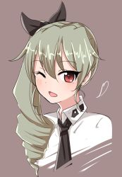 Rule 34 | 10s, 1girl, alternate hairstyle, anchovy (girls und panzer), anzio school uniform, black necktie, black ribbon, blush, brown background, chawan (yultutari), commentary, cropped torso, dress shirt, drill hair, girls und panzer, green hair, hair over one eye, hair ribbon, heart, highres, long hair, long sleeves, looking at viewer, necktie, one eye closed, open mouth, portrait, red eyes, ribbon, school uniform, shirt, side drill, side ponytail, simple background, smile, solo, white shirt