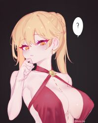 Rule 34 | 1girl, ?, black background, blonde hair, blush, braid, breasts, cleavage, cleavage cutout, clothing cutout, cocktail dress, dress, earrings, eonsang, female focus, french braid, girls&#039; frontline, halter dress, halterneck, hand on own cheek, hand on own face, highres, jewelry, large breasts, long hair, looking at viewer, official alternate costume, ots-14 (girls&#039; frontline), ots-14 (ruler of the banquet) (girls&#039; frontline), plunging neckline, ponytail, red dress, simple background, solo, upper body, yellow eyes