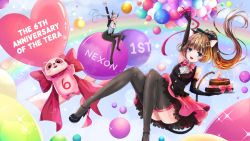 Rule 34 | 1boy, 2girls, animal ears, arm up, armpits, artist request, balloon, black legwear, blue eyes, bow, breasts, brown hair, cake, castanic, cat ears, cat tail, cleavage, cropped jacket, dress, elbow gloves, elin, food, gloves, high heels, highres, holding, horns, jacket, knees together feet apart, large breasts, leotard, long hair, multiple girls, nontraditional playboy bunny, open mouth, pantyhose, playboy bunny, pointy ears, popori, ribbon, shirt, shoes, silver hair, sitting, sleeveless, sleeveless dress, small breasts, smile, tail, tera online, thighhighs, very long hair, waving