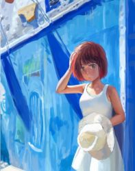 Rule 34 | 1girl, brown hair, day, dress, green eyes, hand on own head, hat, holding, holding clothes, holding hat, looking at viewer, max07817, original, outdoors, scenery, short hair, solo, unworn hat, unworn headwear, wall, white dress, white hat