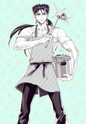 Rule 34 | 1boy, 6u6pen, apron, bad id, bad twitter id, biceps, closed mouth, collarbone, cooking pot, cu chulainn (fate), cu chulainn (fate/stay night), earrings, fate/stay night, fate (series), floating hair, food, grin, highres, holding, holding cooking pot, holding ladle, jewelry, korean commentary, ladle, long hair, male focus, muscular, muscular male, pants, ponytail, red eyes, shirt, skin tight, smile, solo, sparkle, spiked hair, stew, t-shirt, v-neck, veins