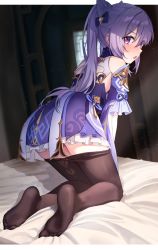 Rule 34 | 1girl, :o, bare shoulders, bed sheet, bent over, black pantyhose, bow, clothes pull, double bun, dress, feet, frilled dress, frilled skirt, frilled sleeves, frills, full body, genshin impact, hair bow, hair bun, hair ornament, hairband, highres, indoors, keqing (genshin impact), looking at viewer, minn (kangjm1107), on bed, panties, panty peek, pantyhose, pantyhose pull, purple dress, purple eyes, purple hair, purple panties, skirt, solo, toes, twintails, underwear