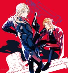 Rule 34 | 2boys, absurdres, black footwear, black gloves, black necktie, black pants, black vest, blonde hair, blue eyes, blue jacket, camus (uta no prince-sama), card, collared shirt, earrings, feet out of frame, finger on trigger, from side, full body, gloves, gun, half updo, hand on own hip, handgun, head on hand, head rest, highres, holding, holding card, holding gun, holding weapon, invisible chair, jacket, jewelry, jinguuji ren, king (playing card), king of hearts (playing card), looking at viewer, looking to the side, luonnem, male focus, medium hair, multiple boys, necktie, orange hair, pants, parted bangs, parted lips, playing card, red background, red jacket, shadow, shirt, shoes, sitting, smile, standing, stud earrings, uta no prince-sama, vest, weapon, white shirt