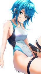 Rule 34 | 1girl, alternate breast size, blue eyes, blue hair, breasts, closed mouth, collarbone, competition swimsuit, covered navel, frown, garter-velvet, gun, hair ornament, hairclip, handgun, highleg, highleg swimsuit, highres, holding, holding gun, holding weapon, leaning back, medium breasts, one-piece swimsuit, short hair, sideboob, simple background, sinon, sitting, skindentation, solo, swept bangs, swimsuit, sword art online, thigh strap, thighs, twitter username, weapon, white background, white one-piece swimsuit