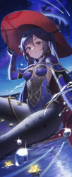 Rule 34 | 1girl, aqua eyes, asymmetrical bangs, black pantyhose, blue hair, blue hat, blue leotard, blurry, breasts, closed mouth, commentary request, depth of field, genshin impact, gold trim, hat, highres, leotard, long hair, looking at viewer, medium breasts, mona (genshin impact), night, night sky, pantyhose, red hat, sky, smile, solo, star (symbol), stargazing, twintails, two-tone headwear, water drop, witch hat, yuujin (yuzinn333)