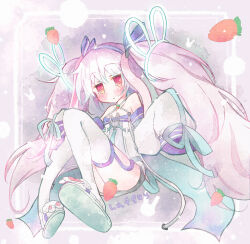 Rule 34 | 1girl, animal slippers, azur lane, bare shoulders, blue hairband, blush, bunny slippers, carrot, character name, collarbone, dress, full body, hair ornament, hairband, hands up, highres, knees up, laffey (azur lane), laffey ii (azur lane), long hair, long sleeves, looking at viewer, parted lips, rabbit hair ornament, red eyes, sleeves past fingers, sleeves past wrists, slippers, solo, summerrock, thighhighs, twintails, very long hair, white dress, white hair, white thighhighs