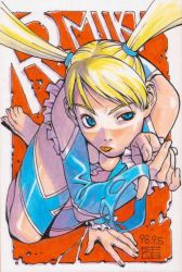 Rule 34 | 1990s (style), 1girl, artist request, blonde hair, blue eyes, capcom, dated, feet, framed, frills, highres, leotard, looking up, mask, no mask, outside border, rainbow mika, retro artstyle, solo, spandex, street fighter, street fighter zero (series), tan, tanline, tongue, twintails, uneven eyes, unworn mask, wrestler