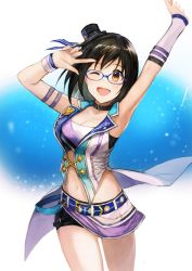 Rule 34 | 1044kiro, 10s, 1girl, black hair, breasts, brown eyes, cleavage, glasses, hat, idolmaster, idolmaster cinderella girls, idolmaster cinderella girls starlight stage, kamijo haruna, navel, open mouth, outstretched arm, short hair, smile, solo, top hat, v