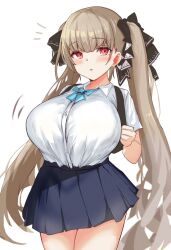 Rule 34 | 1girl, aqua neckerchief, azur lane, blue skirt, breasts, buttons, emphasis lines, formidable (azur lane), frills, hair ribbon, highres, huge breasts, long hair, looking at viewer, metsu end, miniskirt, neckerchief, red eyes, ribbon, shirt, shirt tucked in, skirt, solo, tented shirt, twintails, two-tone ribbon, very long hair, white shirt