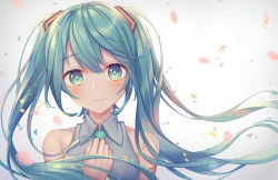 Rule 34 | 1girl, aqua necktie, blouse, blush, collared shirt, floating hair, green eyes, green hair, grey background, grey shirt, hand on own chest, hatsune miku, head tilt, highres, kawami nami, long hair, looking at viewer, motion blur, necktie, number tattoo, revision, shirt, shoulder tattoo, sleeveless, sleeveless shirt, smile, solo, tattoo, twintails, upper body, vocaloid