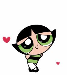 Rule 34 | 1girl, animated, animated gif, arms behind back, black dress, black hair, blinking, burakku pengin, buttercup (ppg), child, closed mouth, dress, flat chest, full body, green dress, green eyes, heart, crossed legs, looking at viewer, lowres, powerpuff girls, simple background, smile, solo, two-tone dress, white background