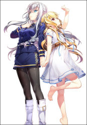 Rule 34 | 2girls, barefoot, belt, black legwear, black neckwear, blonde hair, blue eyes, blue jacket, blue skirt, boots, commentary request, cover, cover page, dress, feet out of frame, formal, fujima takuya, braid, hair ornament, hairband, jacket, looking up, military, military uniform, multiple girls, necktie, official art, pantyhose, propeller hair ornament, red eyes, silver hair, simple background, skirt, skirt suit, suit, uniform, warlords of sigrdrifa, white background, white dress, white footwear, white hairband