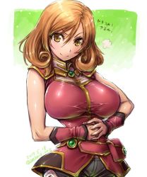 Rule 34 | &gt;:), puff of air, amania orz, belt pouch, blush, breasts, brown eyes, brown hair, closed mouth, cowboy shot, doyagao, hair between eyes, impossible clothes, impossible shirt, large breasts, looking at viewer, own hands together, pouch, remia zania valhalevia, shiny clothes, shirt, skin tight, smug, solo, super robot wars, super robot wars the lord of elemental, translation request, v-shaped eyebrows, vambraces, white background