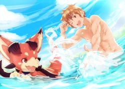 Rule 34 | 10s, 1boy, @@@, bad id, bad twitter id, blue sky, brown eyes, brown hair, day, dragon, dutch angle, gran (granblue fantasy), granblue fantasy, male focus, one eye closed, outdoors, partially submerged, topless male, sky, smile, splashing, vyrn (granblue fantasy), wading, wet