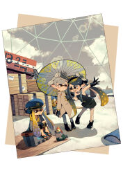 Rule 34 | 3girls, agent 3 (splatoon), alternate costume, armpits, beach, black dress, black footwear, black gloves, black hair, black headphones, black shirt, black shorts, blonde hair, blue headwear, blush, boots, bow-shaped hair, brown eyes, brown sky, callie (splatoon), cargo, clenched hand, closed mouth, cloud, coat, collar, collared coat, commentary request, crate, cup on head, dome, dress, eyelashes, food, food on head, frown, gloves, gradient hair, grey coat, grey collar, grey hair, grey pantyhose, hand on own cheek, hand on own face, hand on own knee, hat, holding, holding umbrella, hood, hood down, hoodie, inkling, inkling player character, layered sleeves, leaning forward, long hair, long sleeves, looking at another, marie (splatoon), mountain, multicolored hair, multiple girls, nintendo, object on head, ocean, oil-paper umbrella, one eye closed, open mouth, outdoors, outstretched arm, pantyhose, peaked cap, picture frame, potsupo, salmonid, sandals, shadow, shirt, short hair, shorts, siblings, sisters, sitting, sleeveless, sleeveless dress, smallfry (splatoon), splatoon (series), splatoon 3, strap, sunlight, sushi, teeth, tentacle hair, toolbox, two-tone hair, umbrella, white background, yellow hoodie