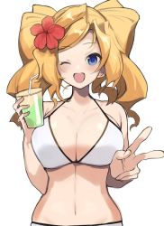 Rule 34 | 1girl, bikini, blonde hair, blue eyes, breasts, cleavage, commentary request, drill hair, drink, drinking straw, flower, hair flower, hair ornament, hibiscus, honolulu (kancolle), kantai collection, large breasts, long hair, looking at viewer, navel, one eye closed, picoli1313, simple background, solo, swimsuit, twin drills, twintails, white background, white bikini