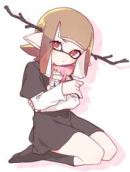 Rule 34 | 1girl, black shirt, black socks, closed mouth, eyelashes, fake antlers, holding, holding stuffed toy, inkling, inkling girl, inkling player character, inuowour, looking at viewer, nintendo, no shoes, pointy ears, red eyes, seiza, shirt, simple background, sitting, socks, solo, splatoon (series), stuffed toy, v-shaped eyebrows, white background, white sleeves
