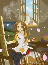 Rule 34 | 1girl, :d, apron, bad id, bad pixiv id, brown eyes, brown hair, canvas (object), cherry blossoms, curtains, easel, hair ornament, hairclip, inase, indoors, long hair, looking at viewer, lowres, open mouth, open window, original, painting (action), painting (object), palette (object), pants, see-through, shirt, sitting, smile, solo, star (symbol), star print, stool, striped clothes, striped shirt, wind, window