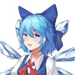 Rule 34 | 1girl, bad id, bad pixiv id, blue bow, blue dress, blue eyes, blue hair, bow, cirno, collar, dress, eyes visible through hair, hair between eyes, highres, ice, ice wings, looking at viewer, mouma, open mouth, puffy short sleeves, puffy sleeves, red bow, red neckwear, shirt, short hair, short sleeves, simple background, smile, solo, touhou, upper body, white background, white collar, white shirt, white sleeves, wings