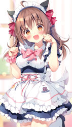 Rule 34 | 1girl, :d, ahoge, alternate costume, animal ear fluff, animal ears, apron, black dress, black footwear, blurry, blurry background, blush, bow, breasts, brown eyes, brown hair, cat ears, collared shirt, commentary request, depth of field, dress, enmaided, frilled apron, frilled dress, frills, hair between eyes, hands up, head tilt, indoors, long hair, looking at viewer, maid, maid headdress, medium breasts, open mouth, original, pan (mimi), paw pose, pink bow, puffy short sleeves, puffy sleeves, shirt, shoes, short sleeves, smile, socks, solo, standing, white apron, white shirt, white socks, window, wrist cuffs