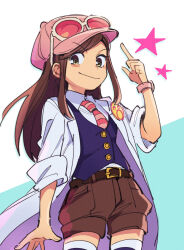 Rule 34 | 1girl, ace attorney, ace attorney investigations, ace attorney investigations 2, belt, brown belt, brown eyes, brown hair, brown shorts, ema skye, eyewear on head, hat, highres, index finger raised, lab coat, long hair, looking at viewer, necktie, nono (norabi), shirt, shorts, sleeves rolled up, smile, solo, star (symbol), striped necktie, white shirt