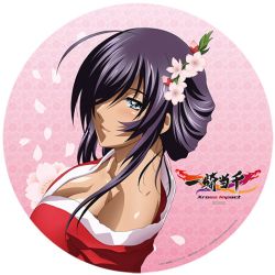 Rule 34 | 00s, 1girl, ahoge, alternate costume, antenna hair, blue eyes, blush, breasts, cleavage, copyright name, dark-skinned female, dark skin, flower, from side, gradient background, hair ornament, hair over one eye, ikkitousen, ikkitousen xross impact, japanese clothes, kan&#039;u unchou, kimono, large breasts, lipstick, makeup, parted bangs, pink background, purple hair, short hair with long locks, smile, solo, yukata