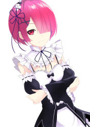 Rule 34 | 10s, 1girl, apron, bad id, bad pixiv id, cosmicsnic, crossed arms, detached sleeves, hair ornament, hair over one eye, highres, looking at viewer, maid, maid apron, maid headdress, ram (re:zero), re:zero kara hajimeru isekai seikatsu, red eyes, red hair, short hair, simple background, smile, solo, white background, x hair ornament