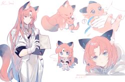 Rule 34 | 1boy, 1other, :&lt;, ?, animal, animal ear fluff, animal ears, animalization, arknights, blue eyes, cat, chibi, clipboard, commentary request, cup, dated, gloves, highres, holding, holding cup, jacket, long hair, long sleeves, looking at viewer, mug, multiple views, open clothes, open jacket, parted bangs, passenger (arknights), pink hair, shirt, signature, spoken question mark, steam, sui (blackcatsui yoi), tail, very long hair, white gloves, white jacket, white shirt