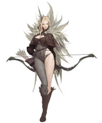 Rule 34 | 1girl, archery, arrow (projectile), blonde hair, boots, bow (weapon), breasts, cape, cleavage, contrapposto, elf, feathers, gloves, green eyes, highres, leather, leather gloves, lee do kyung, leg up, looking at viewer, original, panties, pointy ears, quiver, simple background, solo, standing, underwear, weapon