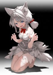 Rule 34 | 1girl, animal ear fluff, animal ears, black background, blue eyes, bow, bowtie, breasts, commentary request, gradient background, hair ribbon, highres, hoshi umi, kneeling, looking at viewer, medium breasts, open mouth, original, pink thighhighs, red bow, red bowtie, red ribbon, ribbon, short hair, skirt, smile, thighhighs, white hair, white skirt